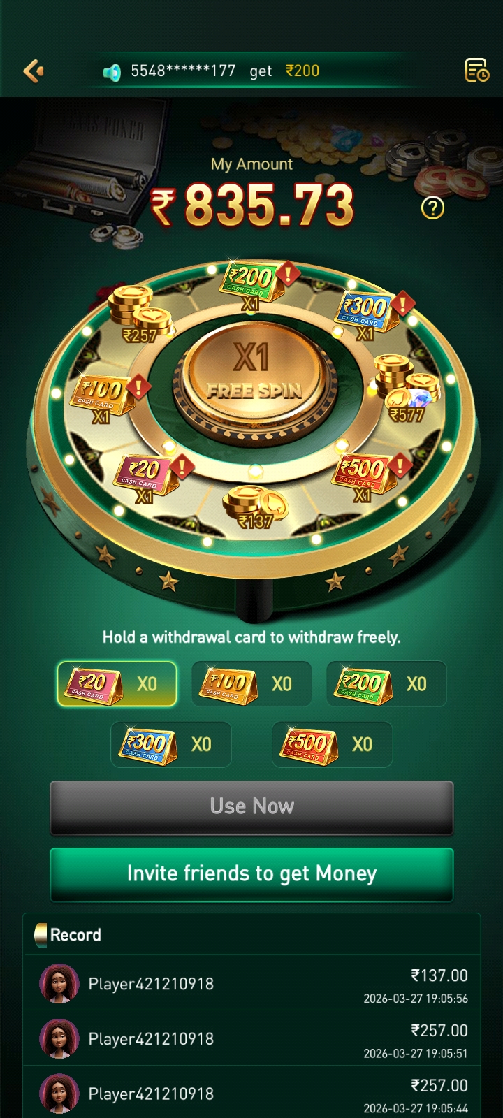 G55 game app interface showing casino games and earning options
